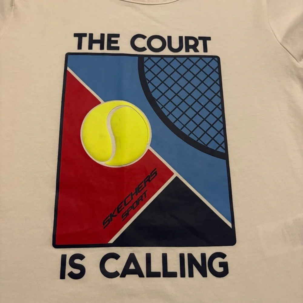 Skechers White Tee with Red, Blue & Yellow Tennis Graphic Youth Large
